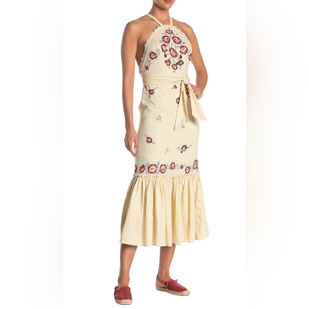 Free People, Women's Chrysanthemum Kiss Embroidered Midi Dress, Ecru Combo